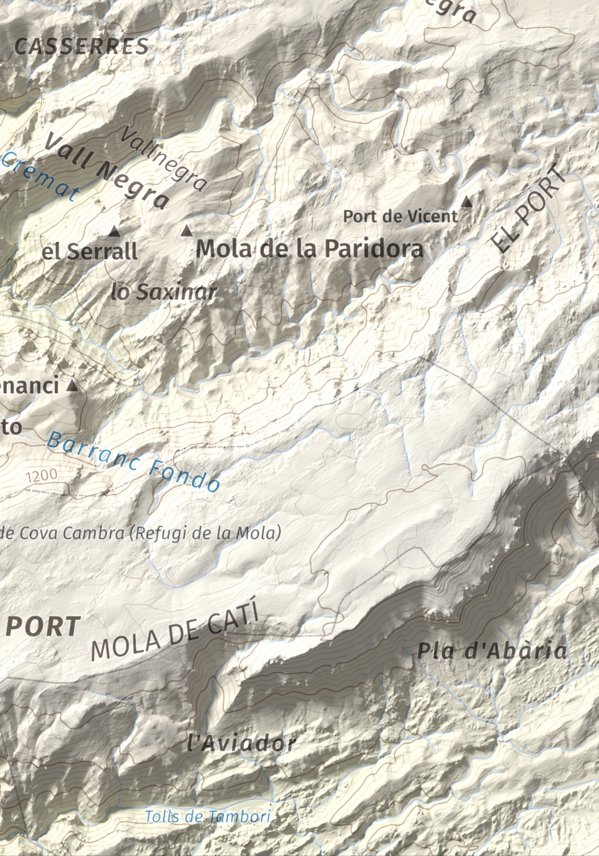 Mapa de relieve de la Miranda de Terranyes, 1193 m, Terra Alta, lámina 100 Cims de Trobart. Detalle de la zona inferior derecha. 21 × 30 cm.
