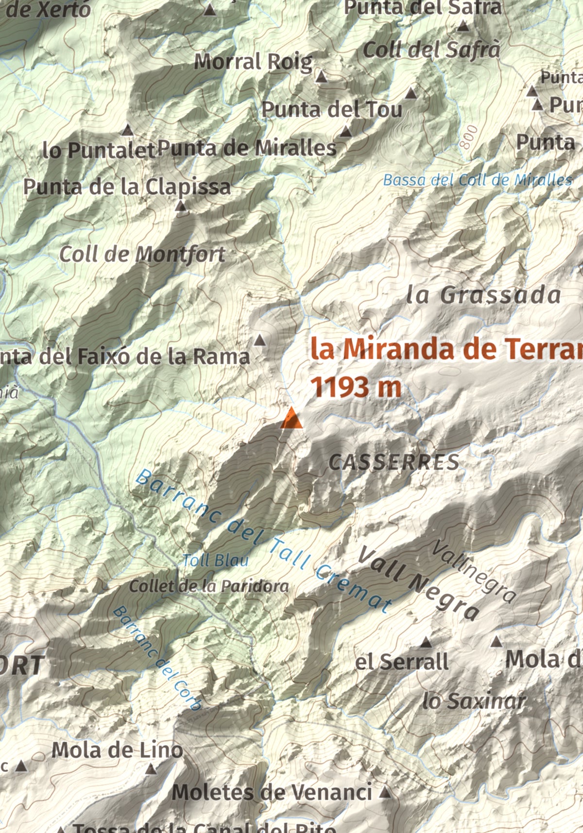Mapa de relieve de la Miranda de Terranyes, 1193 m, Terra Alta, lámina 100 Cims de Trobart. Detalle de la zona central. 21 × 30 cm.