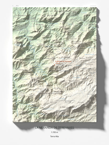 Mapa de relieve de la Miranda de Terranyes, 1193 m, Terra Alta, lámina 100 Cims de Trobart 30 × 40 cm.