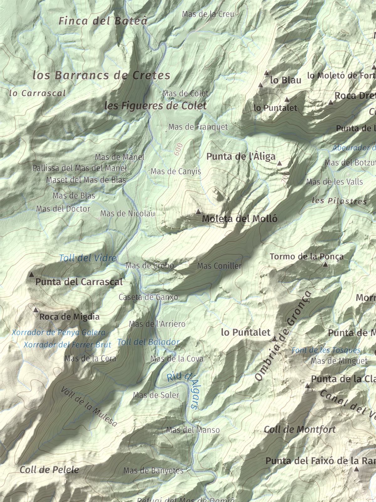 Mapa de relieve de la Miranda de Terranyes, 1193 m, Terra Alta, lámina 100 Cims de Trobart. Detalle de la zona superior izquierda. 30 × 40 cm.