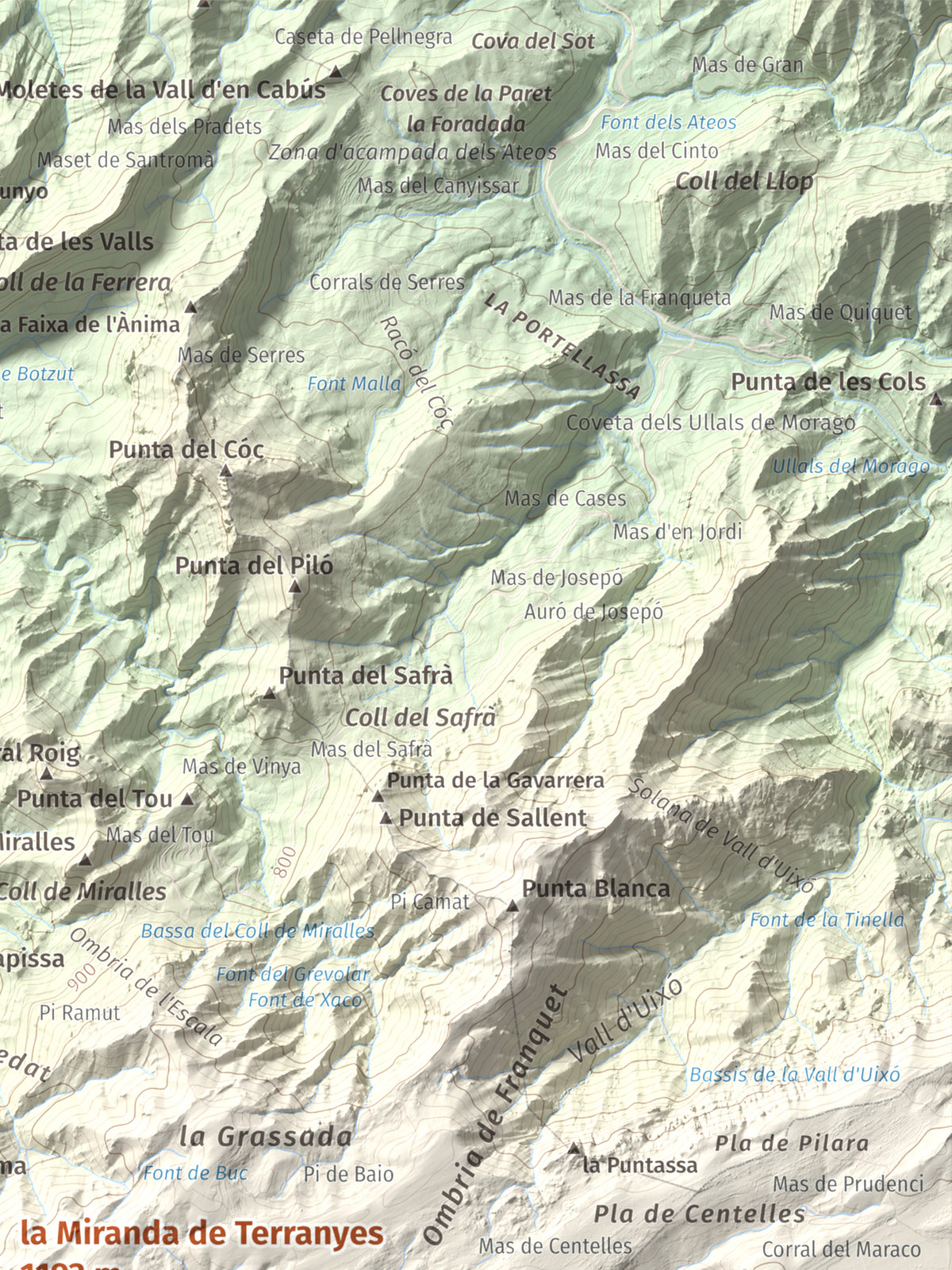 Mapa de relieve de la Miranda de Terranyes, 1193 m, Terra Alta, lámina 100 Cims de Trobart. Detalle de la zona superior derecha. 30 × 40 cm.