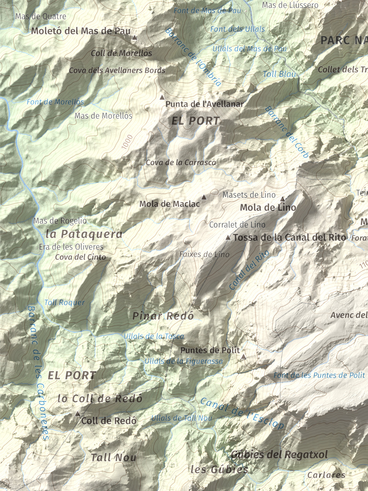 Mapa de relieve de la Miranda de Terranyes, 1193 m, Terra Alta, lámina 100 Cims de Trobart. Detalle de la zona inferior izquierda. 30 × 40 cm.