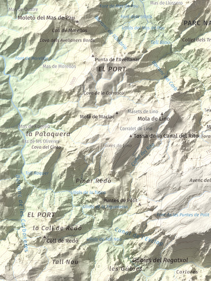 Mapa de relieve de la Miranda de Terranyes, 1193 m, Terra Alta, lámina 100 Cims de Trobart. Detalle de la zona inferior izquierda. 30 × 40 cm.