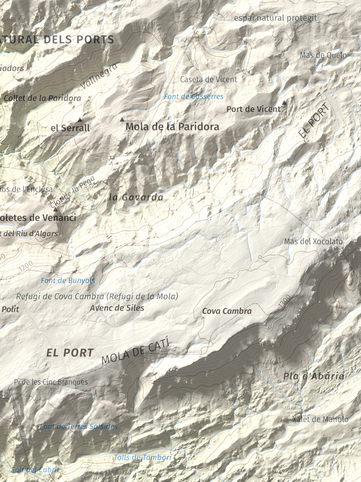 Mapa de relieve de la Miranda de Terranyes, 1193 m, Terra Alta, lámina 100 Cims de Trobart. Detalle de la zona inferior derecha. 30 × 40 cm.