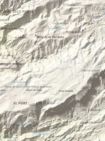 Mapa de relieve de la Miranda de Terranyes, 1193 m, Terra Alta, lámina 100 Cims de Trobart. Detalle de la zona inferior derecha. 30 × 40 cm.