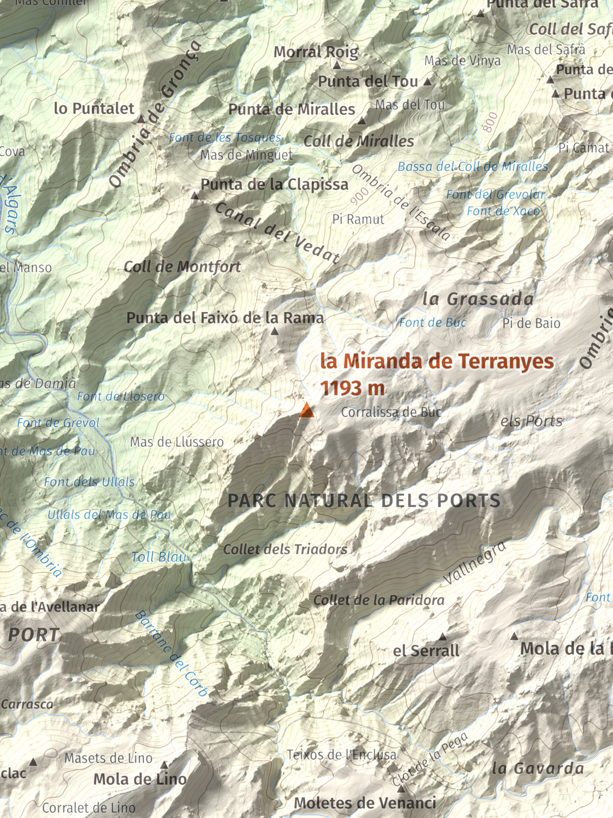 Mapa de relieve de la Miranda de Terranyes, 1193 m, Terra Alta, lámina 100 Cims de Trobart. Detalle de la zona central. 30 × 40 cm.