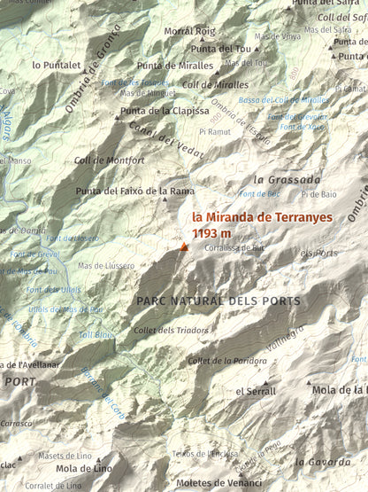Mapa de relieve de la Miranda de Terranyes, 1193 m, Terra Alta, lámina 100 Cims de Trobart. Detalle de la zona central. 30 × 40 cm.