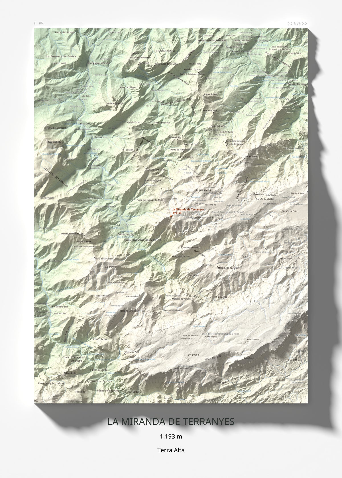 Mapa de relieve de la Miranda de Terranyes, 1193 m, Terra Alta, lámina 100 Cims de Trobart 50 × 70 cm.