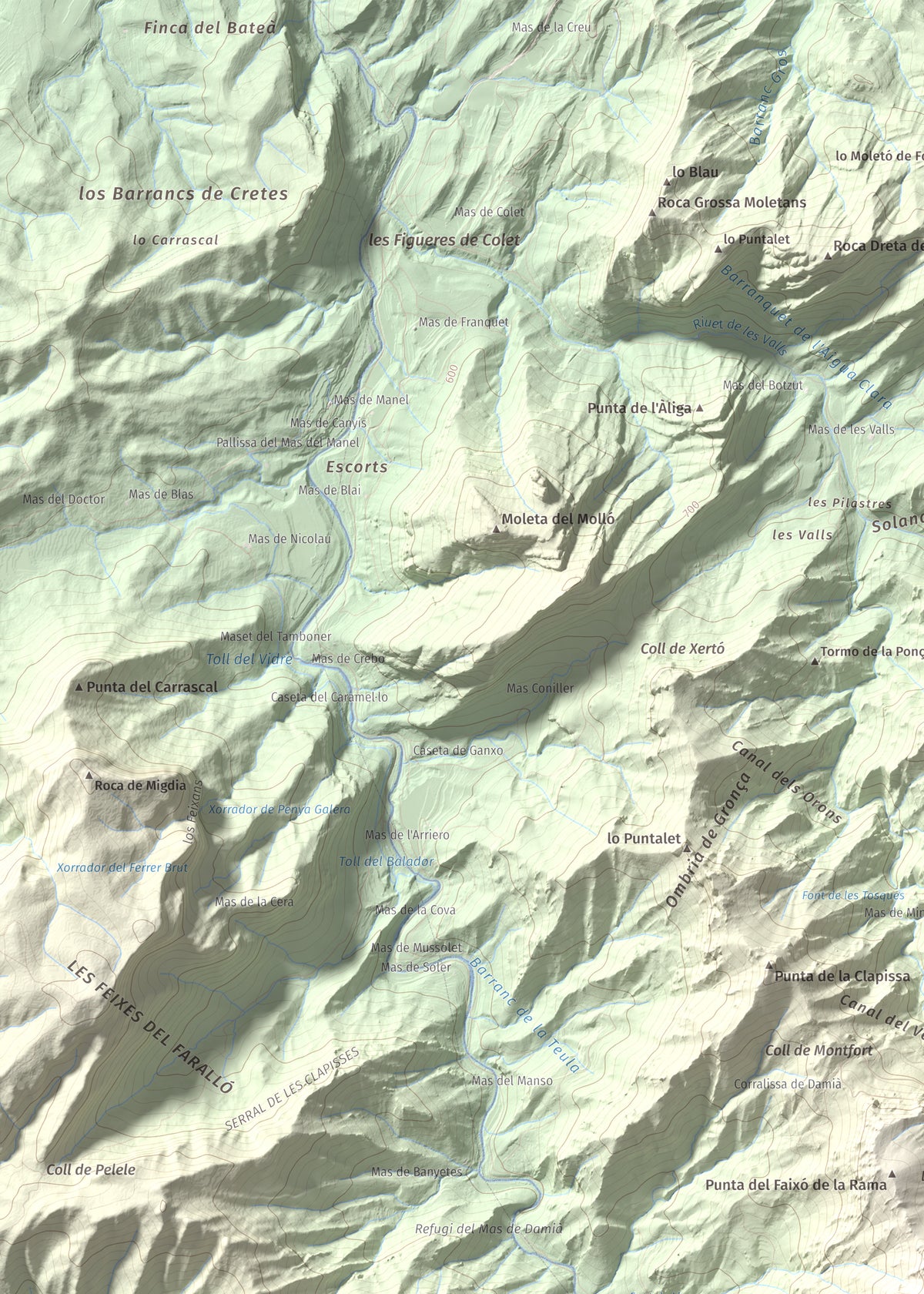 Mapa de relieve de la Miranda de Terranyes, 1193 m, Terra Alta, lámina 100 Cims de Trobart. Detalle de la zona superior izquierda. 50 × 70 cm.