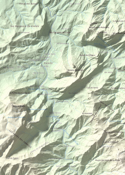 Mapa de relieve de la Miranda de Terranyes, 1193 m, Terra Alta, lámina 100 Cims de Trobart. Detalle de la zona superior izquierda. 50 × 70 cm.