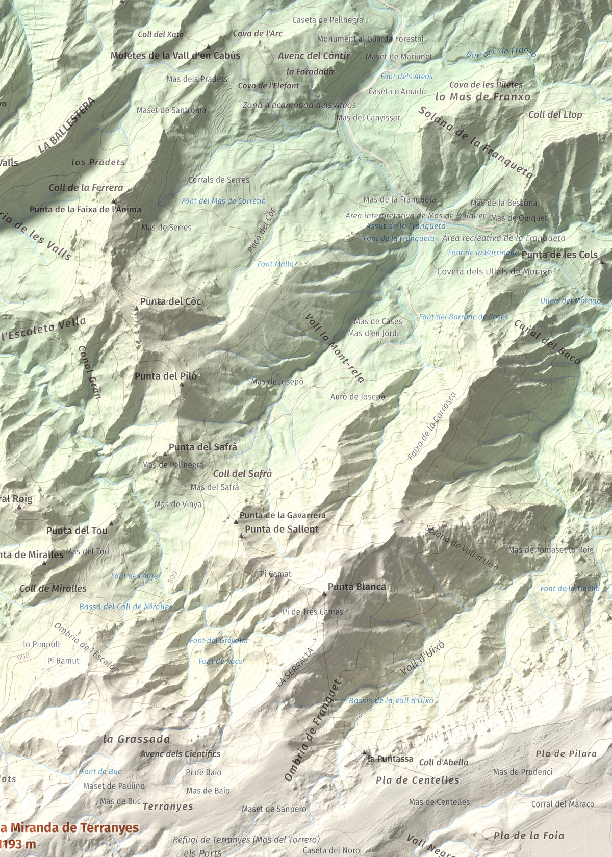Mapa de relieve de la Miranda de Terranyes, 1193 m, Terra Alta, lámina 100 Cims de Trobart. Detalle de la zona superior derecha. 50 × 70 cm.