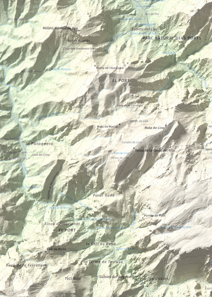 Mapa de relieve de la Miranda de Terranyes, 1193 m, Terra Alta, lámina 100 Cims de Trobart. Detalle de la zona inferior izquierda. 50 × 70 cm.