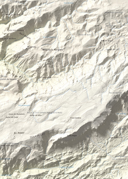 Mapa de relieve de la Miranda de Terranyes, 1193 m, Terra Alta, lámina 100 Cims de Trobart. Detalle de la zona inferior derecha. 50 × 70 cm.