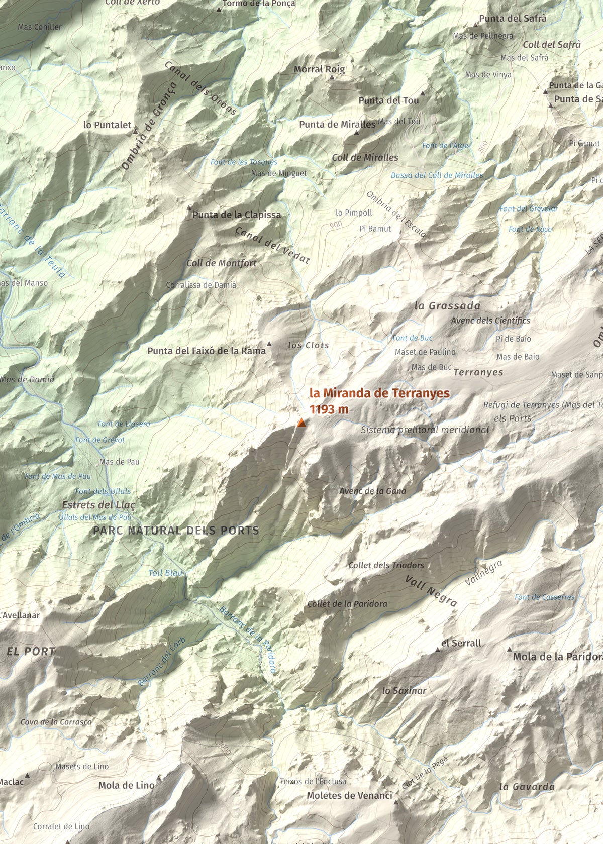 Mapa de relieve de la Miranda de Terranyes, 1193 m, Terra Alta, lámina 100 Cims de Trobart. Detalle de la zona central. 50 × 70 cm.
