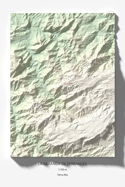 Mapa de relieve de la Miranda de Terranyes, 1193 m, Terra Alta, lámina 100 Cims de Trobart 61 × 91 cm.