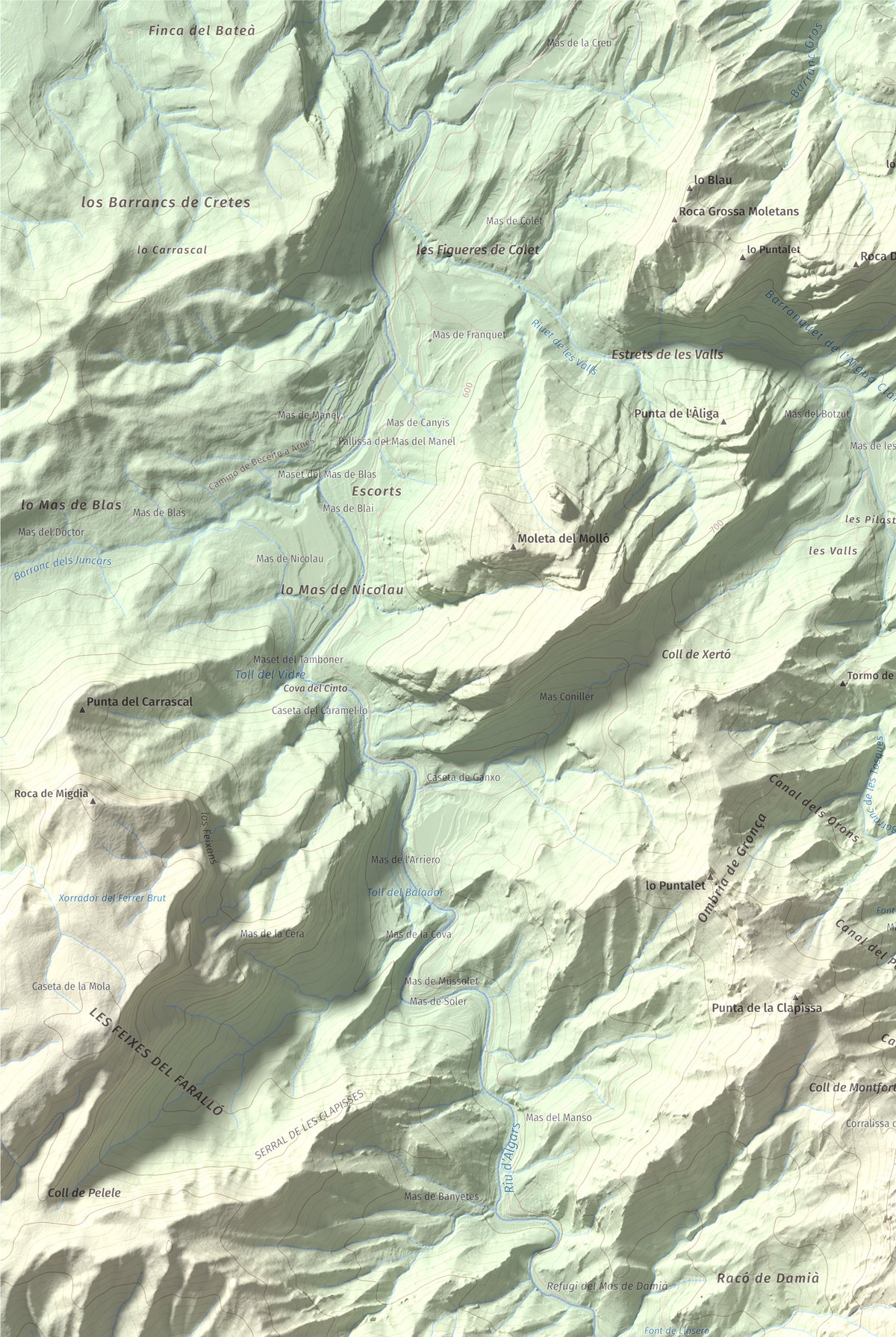 Mapa de relieve de la Miranda de Terranyes, 1193 m, Terra Alta, lámina 100 Cims de Trobart. Detalle de la zona superior izquierda. 61 × 91 cm.