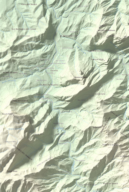 Mapa de relieve de la Miranda de Terranyes, 1193 m, Terra Alta, lámina 100 Cims de Trobart. Detalle de la zona superior izquierda. 61 × 91 cm.