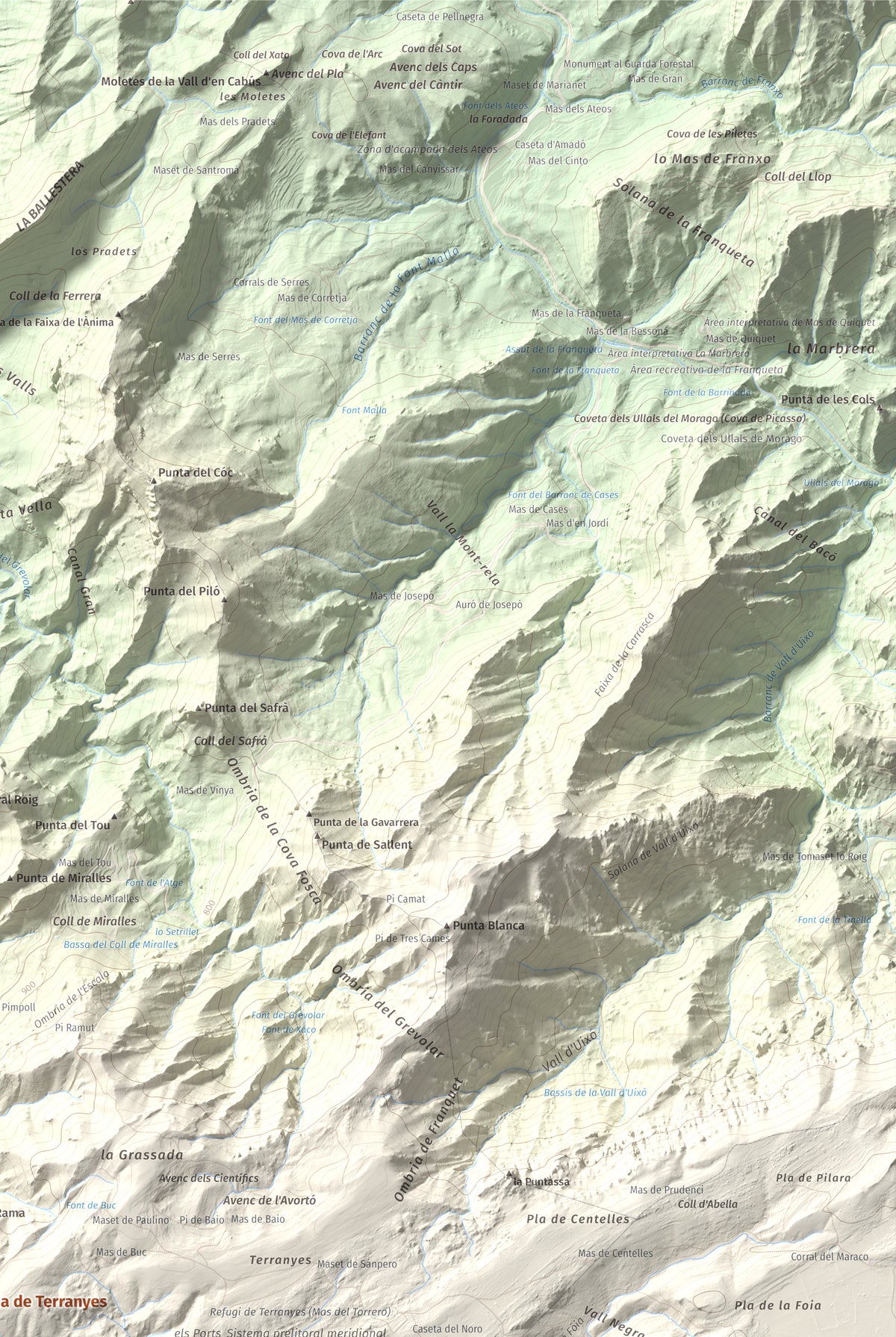 Mapa de relieve de la Miranda de Terranyes, 1193 m, Terra Alta, lámina 100 Cims de Trobart. Detalle de la zona superior derecha. 61 × 91 cm.