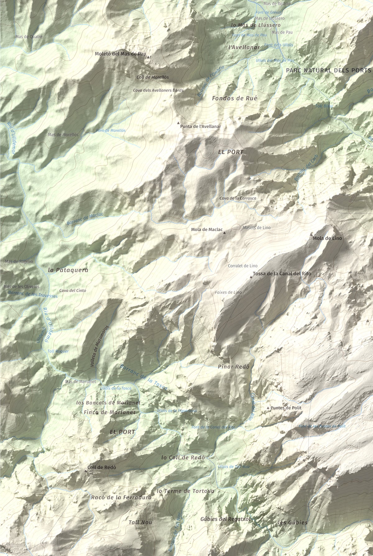 Mapa de relieve de la Miranda de Terranyes, 1193 m, Terra Alta, lámina 100 Cims de Trobart. Detalle de la zona inferior izquierda. 61 × 91 cm.