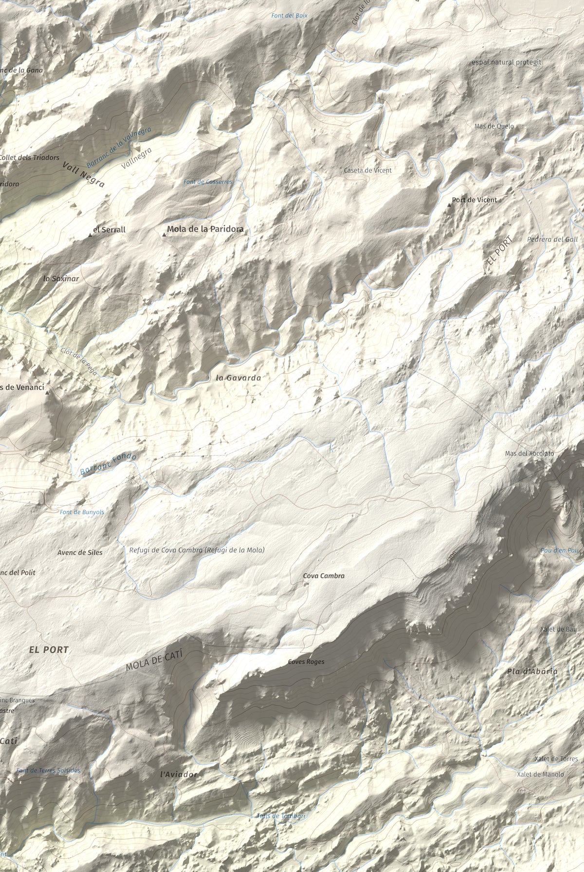Mapa de relieve de la Miranda de Terranyes, 1193 m, Terra Alta, lámina 100 Cims de Trobart. Detalle de la zona inferior derecha. 61 × 91 cm.