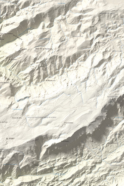 Mapa de relieve de la Miranda de Terranyes, 1193 m, Terra Alta, lámina 100 Cims de Trobart. Detalle de la zona inferior derecha. 61 × 91 cm.