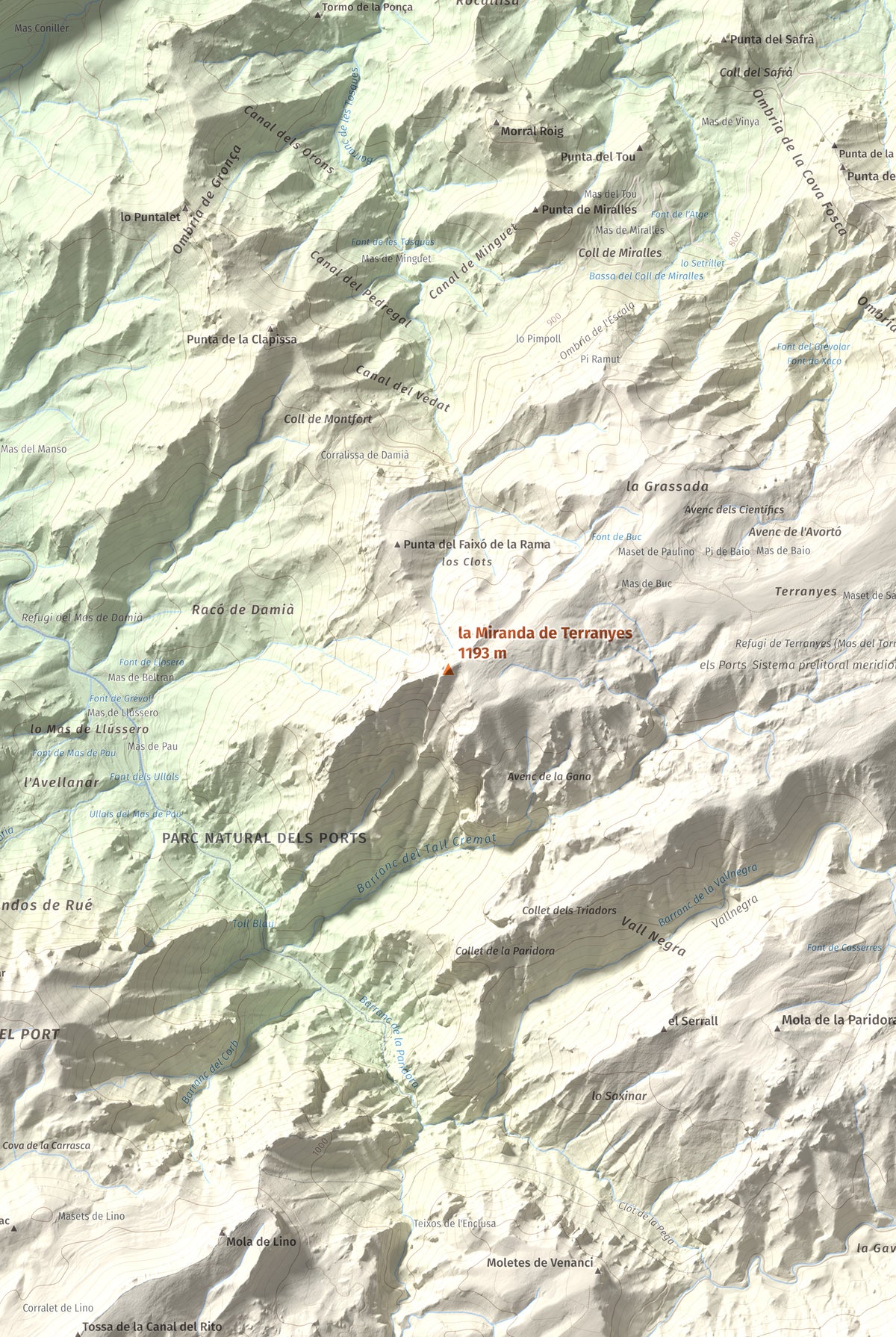 Mapa de relieve de la Miranda de Terranyes, 1193 m, Terra Alta, lámina 100 Cims de Trobart. Detalle de la zona central. 61 × 91 cm.