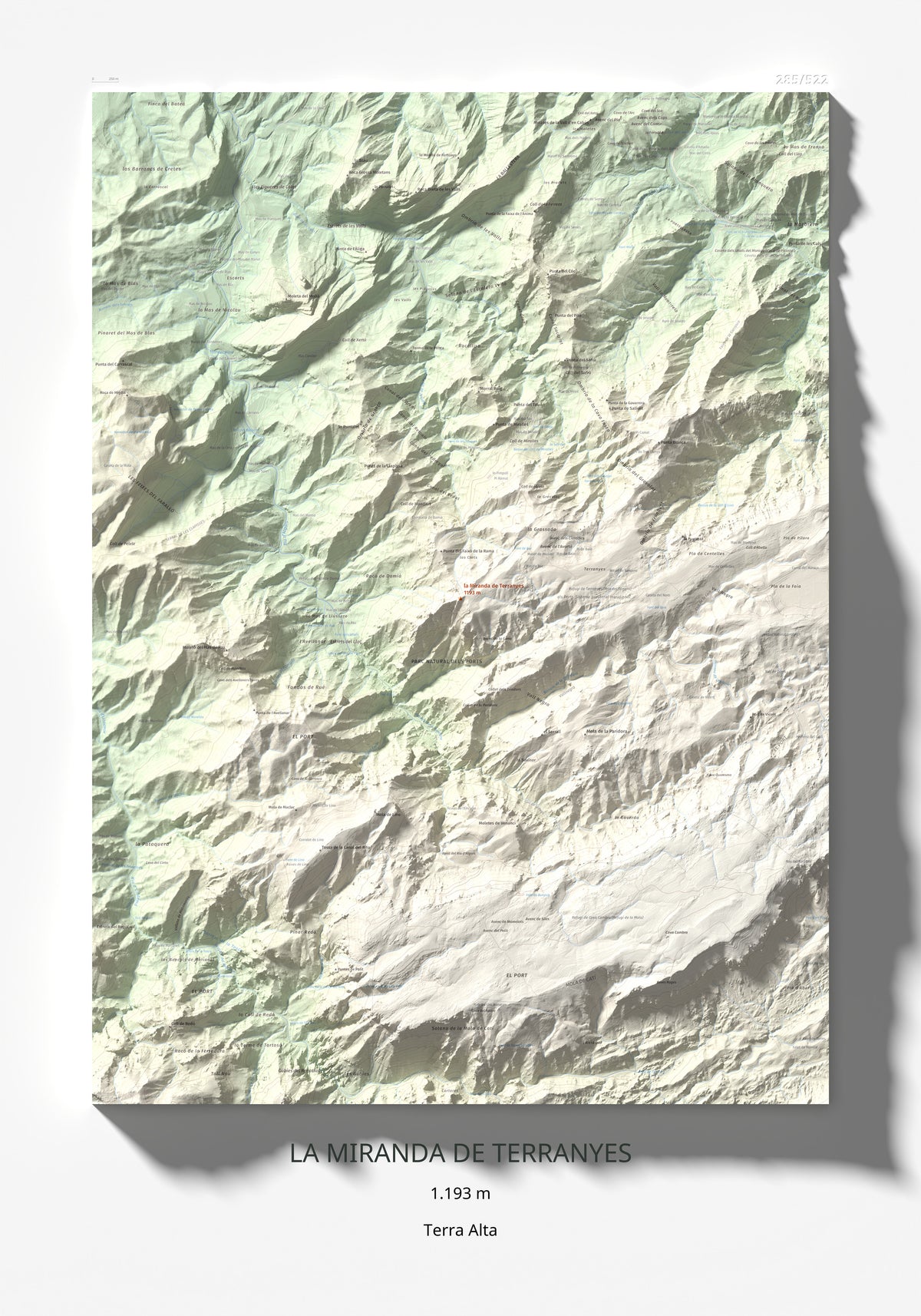 Mapa de relieve de la Miranda de Terranyes, 1193 m, Terra Alta, lámina 100 Cims de Trobart 70 × 100 cm.