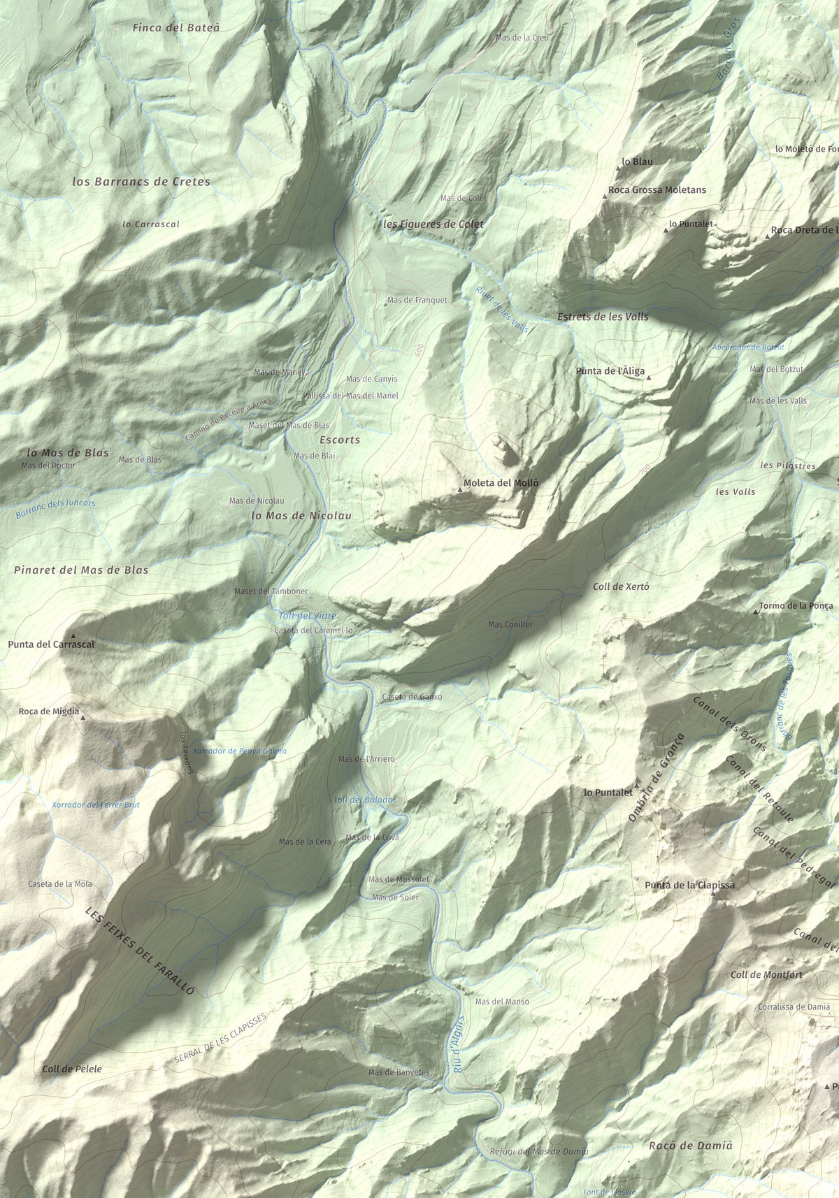 Mapa de relieve de la Miranda de Terranyes, 1193 m, Terra Alta, lámina 100 Cims de Trobart. Detalle de la zona superior izquierda. 70 × 100 cm.