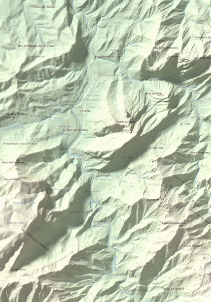Mapa de relieve de la Miranda de Terranyes, 1193 m, Terra Alta, lámina 100 Cims de Trobart. Detalle de la zona superior izquierda. 70 × 100 cm.