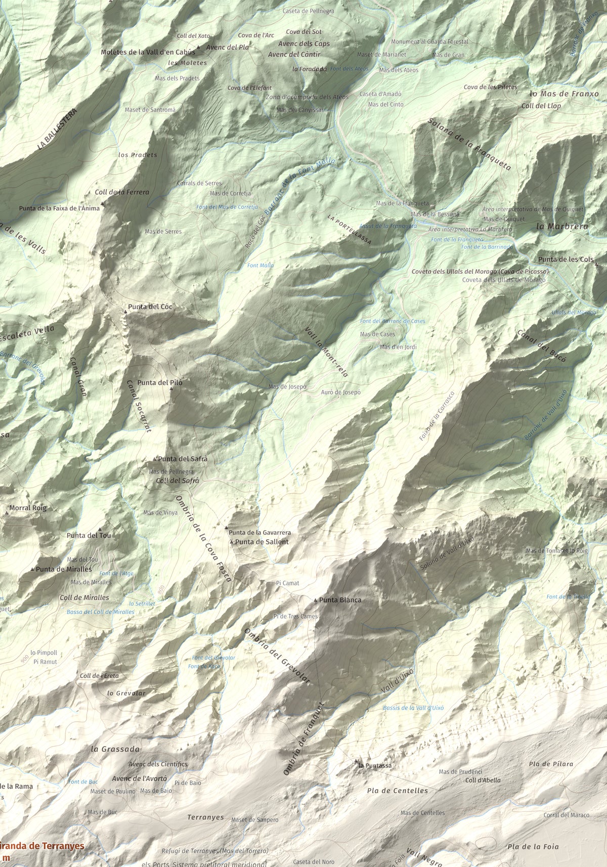 Mapa de relieve de la Miranda de Terranyes, 1193 m, Terra Alta, lámina 100 Cims de Trobart. Detalle de la zona superior derecha. 70 × 100 cm.