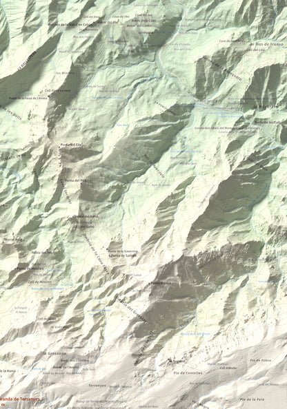 Mapa de relieve de la Miranda de Terranyes, 1193 m, Terra Alta, lámina 100 Cims de Trobart. Detalle de la zona superior derecha. 70 × 100 cm.