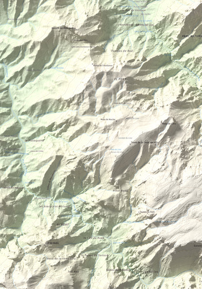 Mapa de relieve de la Miranda de Terranyes, 1193 m, Terra Alta, lámina 100 Cims de Trobart. Detalle de la zona inferior izquierda. 70 × 100 cm.