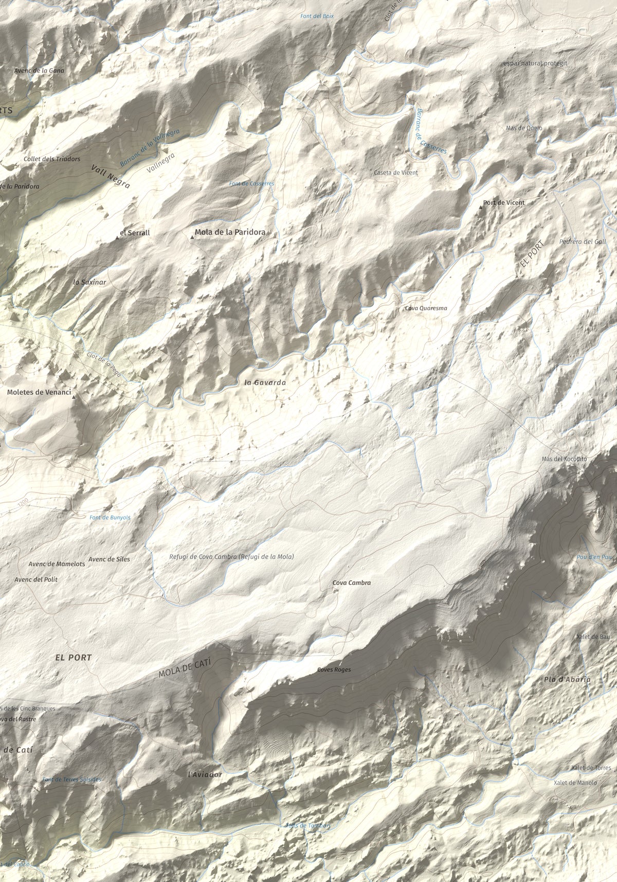Mapa de relieve de la Miranda de Terranyes, 1193 m, Terra Alta, lámina 100 Cims de Trobart. Detalle de la zona inferior derecha. 70 × 100 cm.