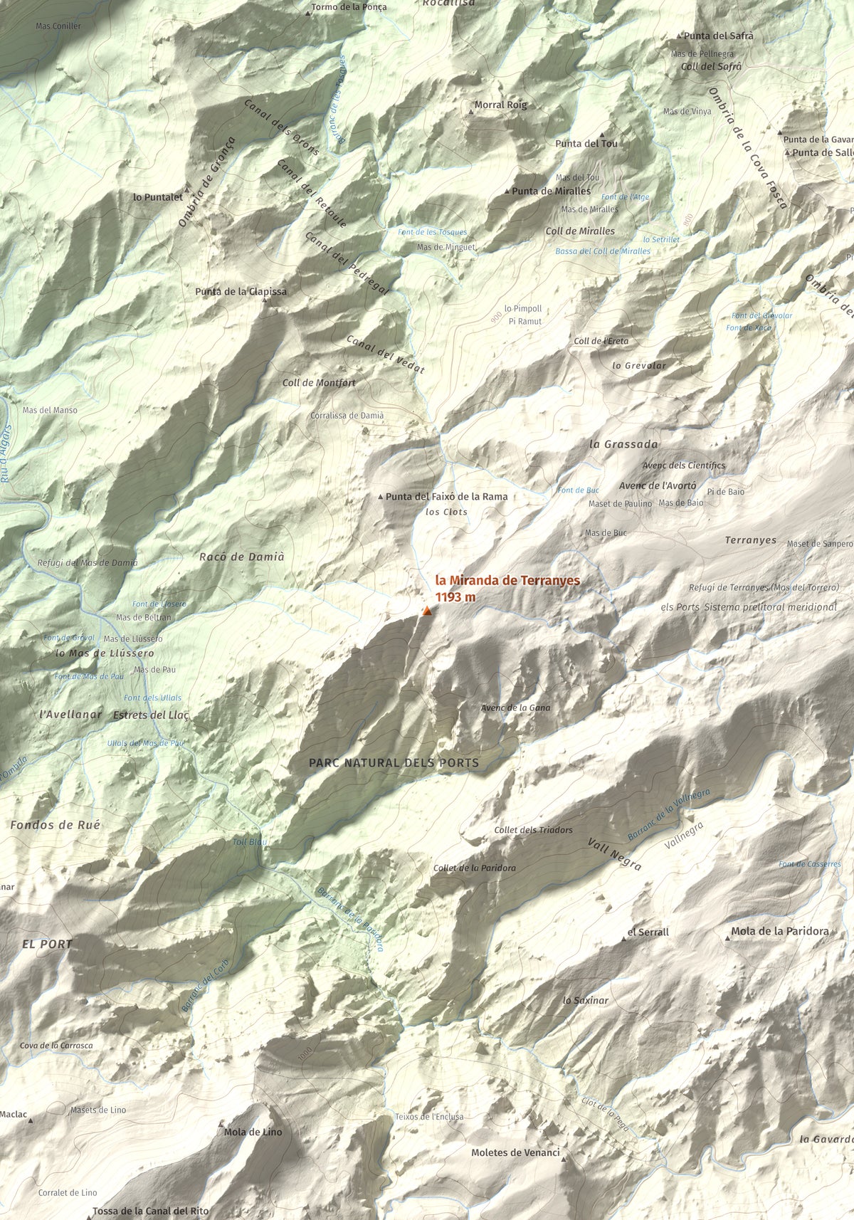 Mapa de relieve de la Miranda de Terranyes, 1193 m, Terra Alta, lámina 100 Cims de Trobart. Detalle de la zona central. 70 × 100 cm.