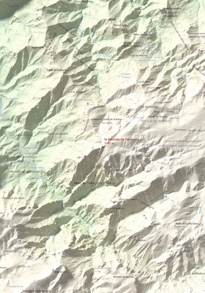 Mapa de relieve de la Miranda de Terranyes, 1193 m, Terra Alta, lámina 100 Cims de Trobart. Detalle de la zona central. 70 × 100 cm.