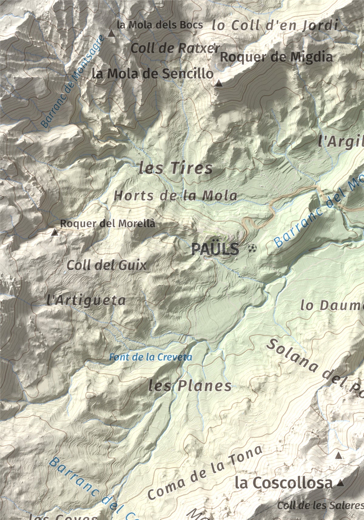 Mapa de relieve de la Moleta, 812 m, Baix Ebre, lámina 100 Cims de Trobart. Detalle de la zona superior izquierda. 21 × 30 cm.