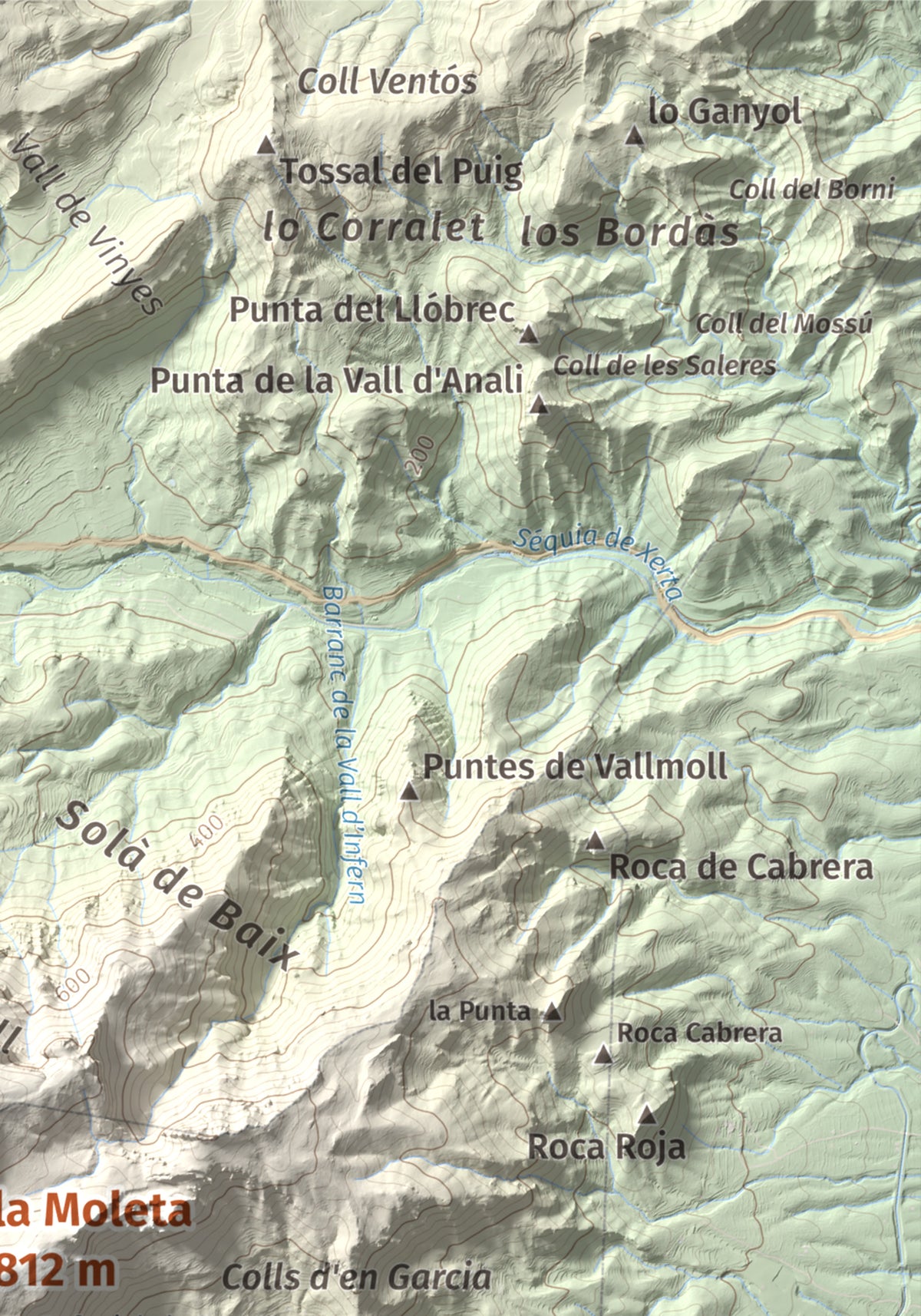 Mapa de relieve de la Moleta, 812 m, Baix Ebre, lámina 100 Cims de Trobart. Detalle de la zona superior derecha. 21 × 30 cm.