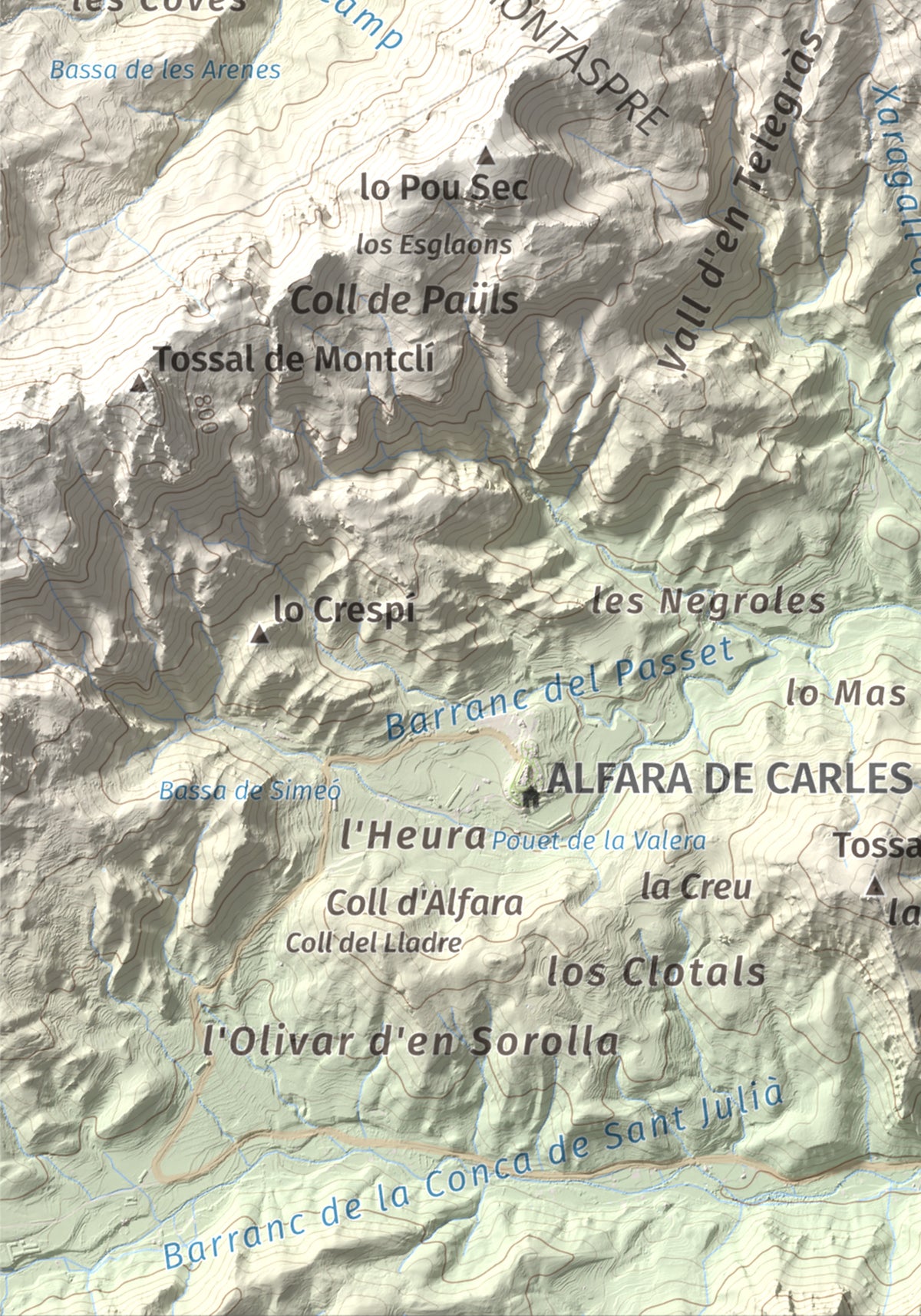 Mapa de relieve de la Moleta, 812 m, Baix Ebre, lámina 100 Cims de Trobart. Detalle de la zona inferior izquierda. 21 × 30 cm.