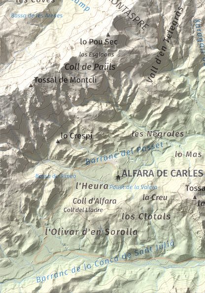 Mapa de relieve de la Moleta, 812 m, Baix Ebre, lámina 100 Cims de Trobart. Detalle de la zona inferior izquierda. 21 × 30 cm.