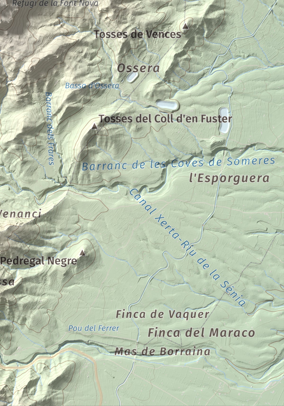 Mapa de relieve de la Moleta, 812 m, Baix Ebre, lámina 100 Cims de Trobart. Detalle de la zona inferior derecha. 21 × 30 cm.