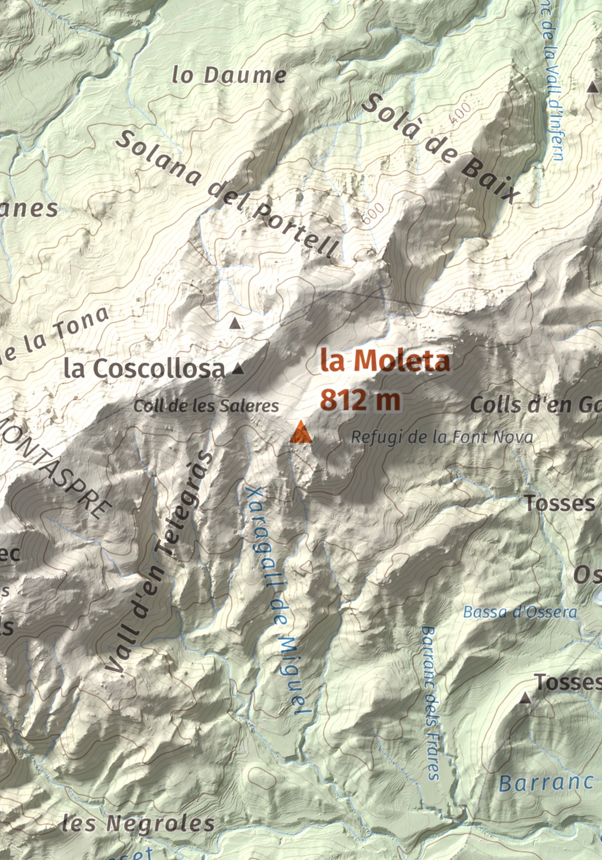 Mapa de relieve de la Moleta, 812 m, Baix Ebre, lámina 100 Cims de Trobart. Detalle de la zona central. 21 × 30 cm.