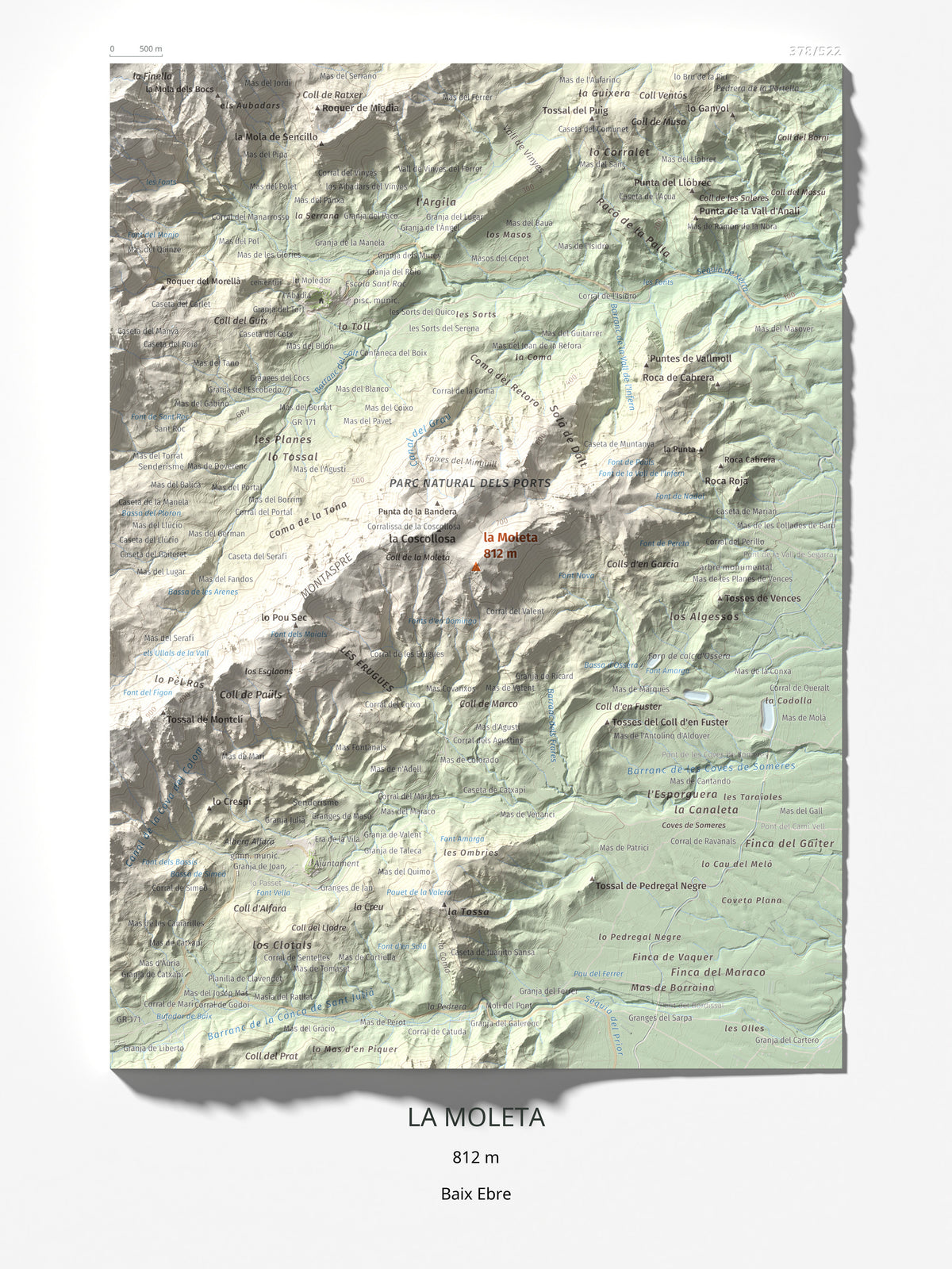 Mapa de relieve de la Moleta, 812 m, Baix Ebre, lámina 100 Cims de Trobart 30 × 40 cm.