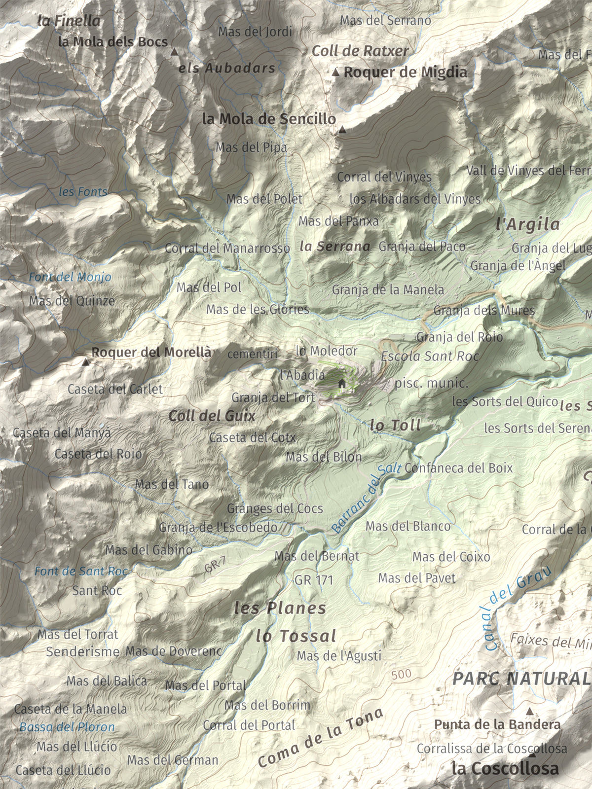Mapa de relieve de la Moleta, 812 m, Baix Ebre, lámina 100 Cims de Trobart. Detalle de la zona superior izquierda. 30 × 40 cm.
