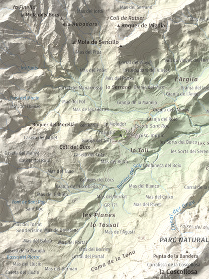 Mapa de relieve de la Moleta, 812 m, Baix Ebre, lámina 100 Cims de Trobart. Detalle de la zona superior izquierda. 30 × 40 cm.