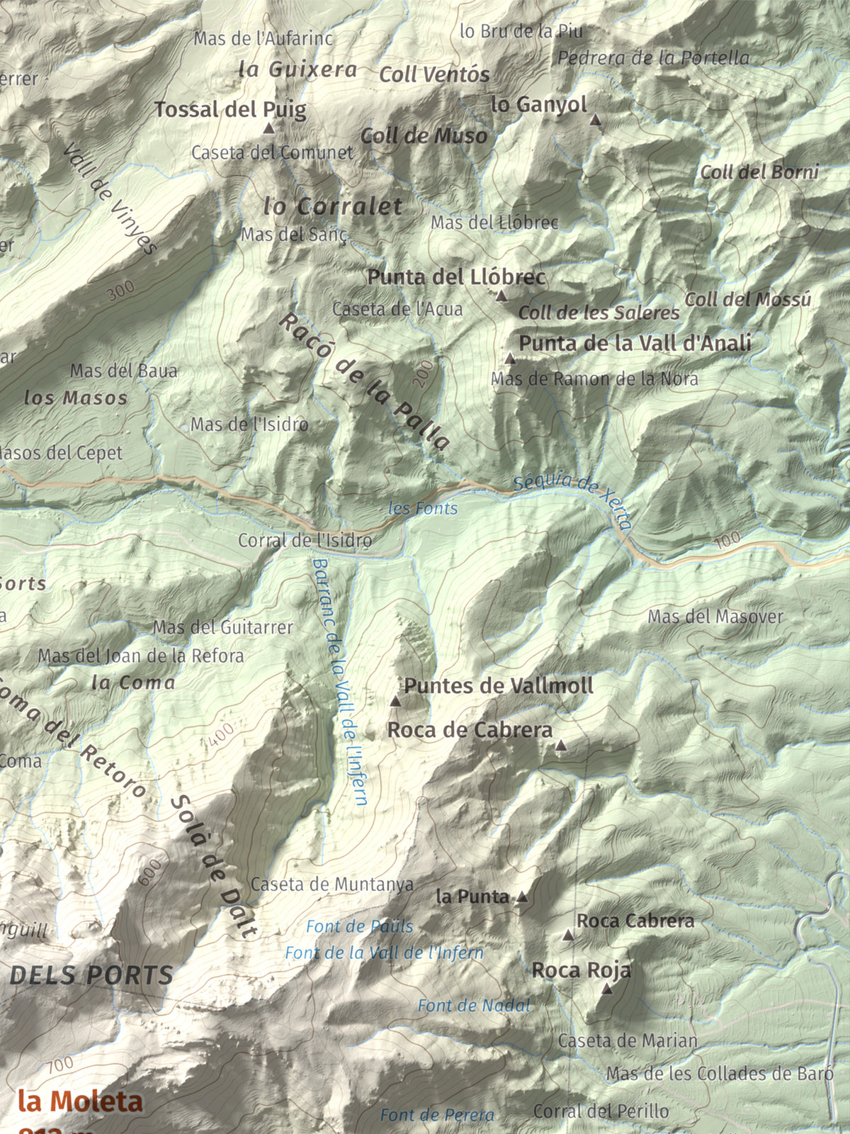 Mapa de relieve de la Moleta, 812 m, Baix Ebre, lámina 100 Cims de Trobart. Detalle de la zona superior derecha. 30 × 40 cm.