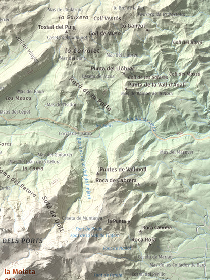 Mapa de relieve de la Moleta, 812 m, Baix Ebre, lámina 100 Cims de Trobart. Detalle de la zona superior derecha. 30 × 40 cm.