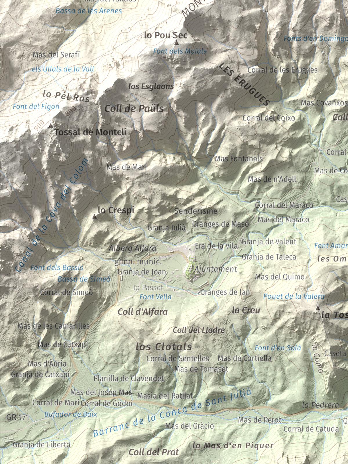 Mapa de relieve de la Moleta, 812 m, Baix Ebre, lámina 100 Cims de Trobart. Detalle de la zona inferior izquierda. 30 × 40 cm.
