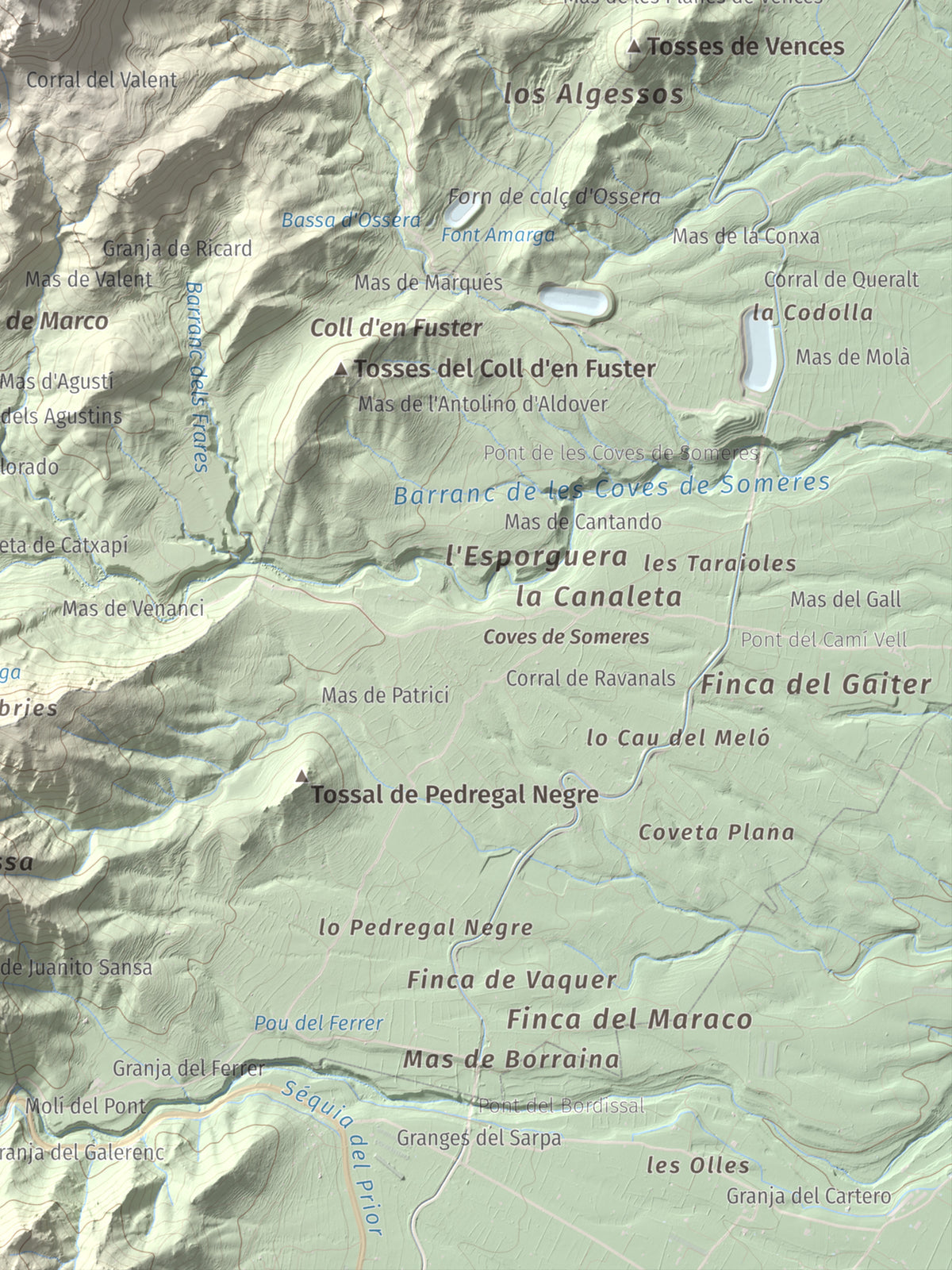 Mapa de relieve de la Moleta, 812 m, Baix Ebre, lámina 100 Cims de Trobart. Detalle de la zona inferior derecha. 30 × 40 cm.
