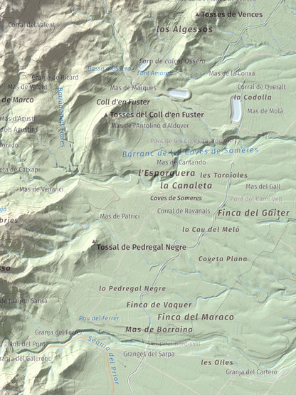 Mapa de relieve de la Moleta, 812 m, Baix Ebre, lámina 100 Cims de Trobart. Detalle de la zona inferior derecha. 30 × 40 cm.