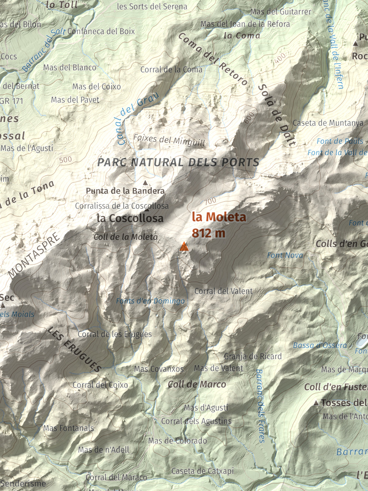 Mapa de relieve de la Moleta, 812 m, Baix Ebre, lámina 100 Cims de Trobart. Detalle de la zona central. 30 × 40 cm.